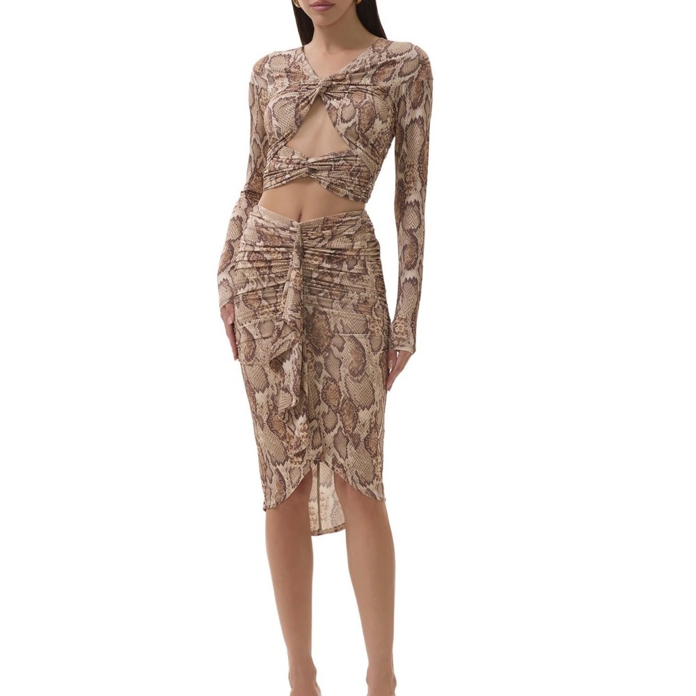 AFRM Snakeskin Mesh Ruched Midi Skirt Brown Tan Animal Print Tulip Hem Med NWT
